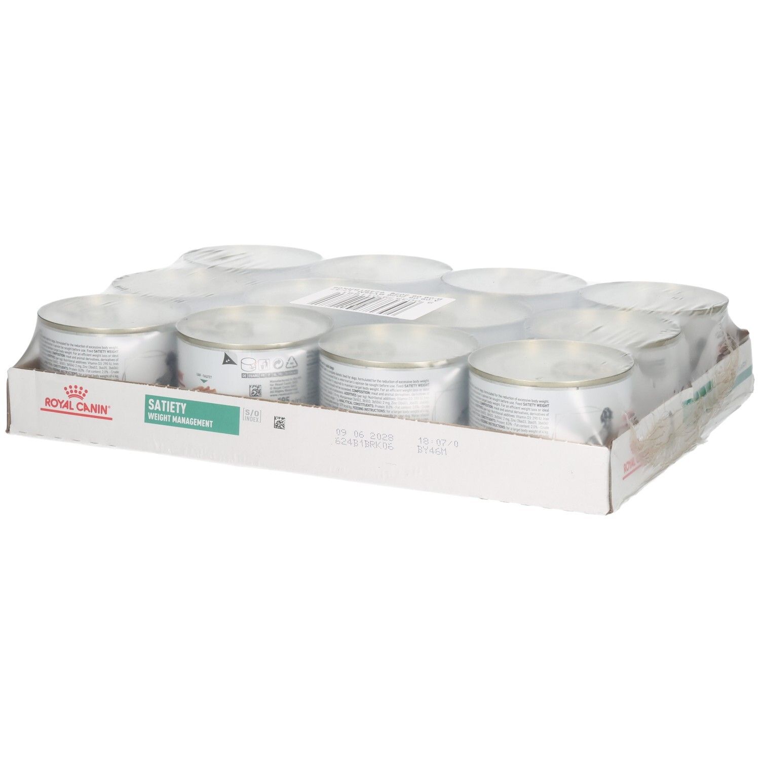 Zwölf Dosen Royal Canin Satiety Weight Management Tiernahrung in Verkaufsverpackung.