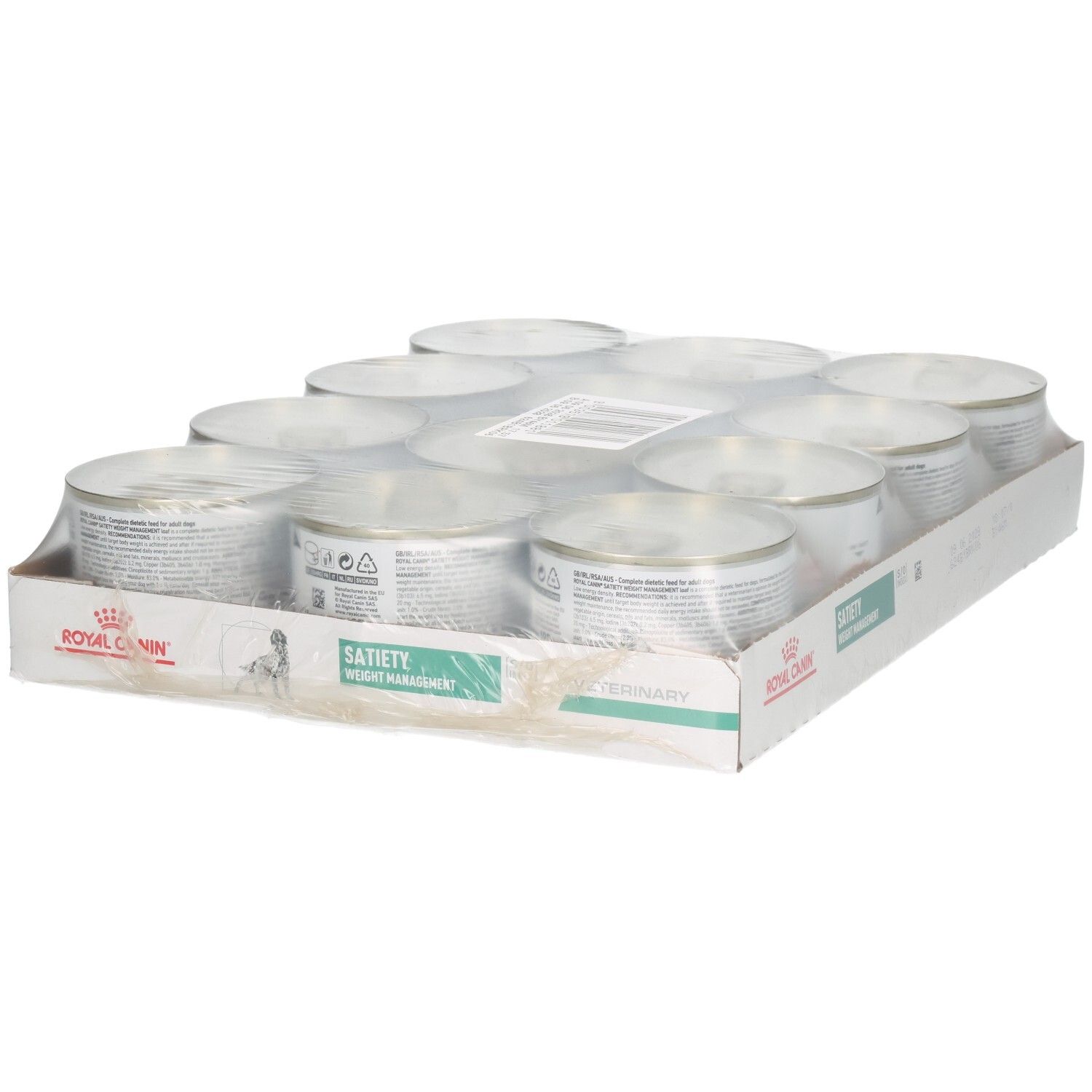 Zwölf Dosen Royal Canin Satiety Weight Management Tiernahrung in Verkaufsverpackung.
