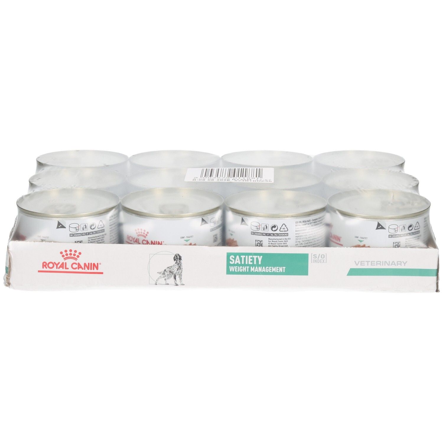 Zwölf Dosen Royal Canin Satiety Weight Management Tiernahrung in Verkaufsverpackung.
