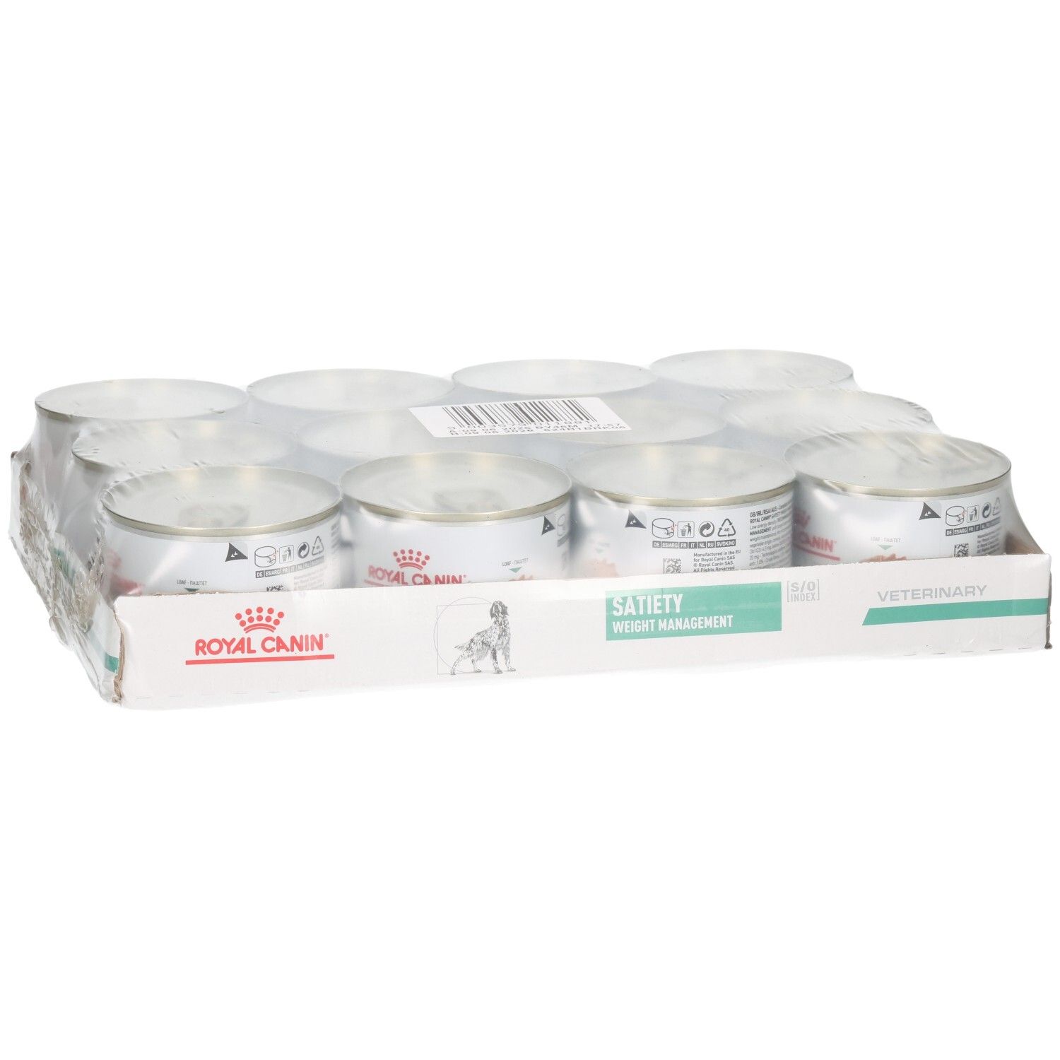 Zwölf Dosen Royal Canin Satiety Weight Management Tiernahrung in Verkaufsverpackung.