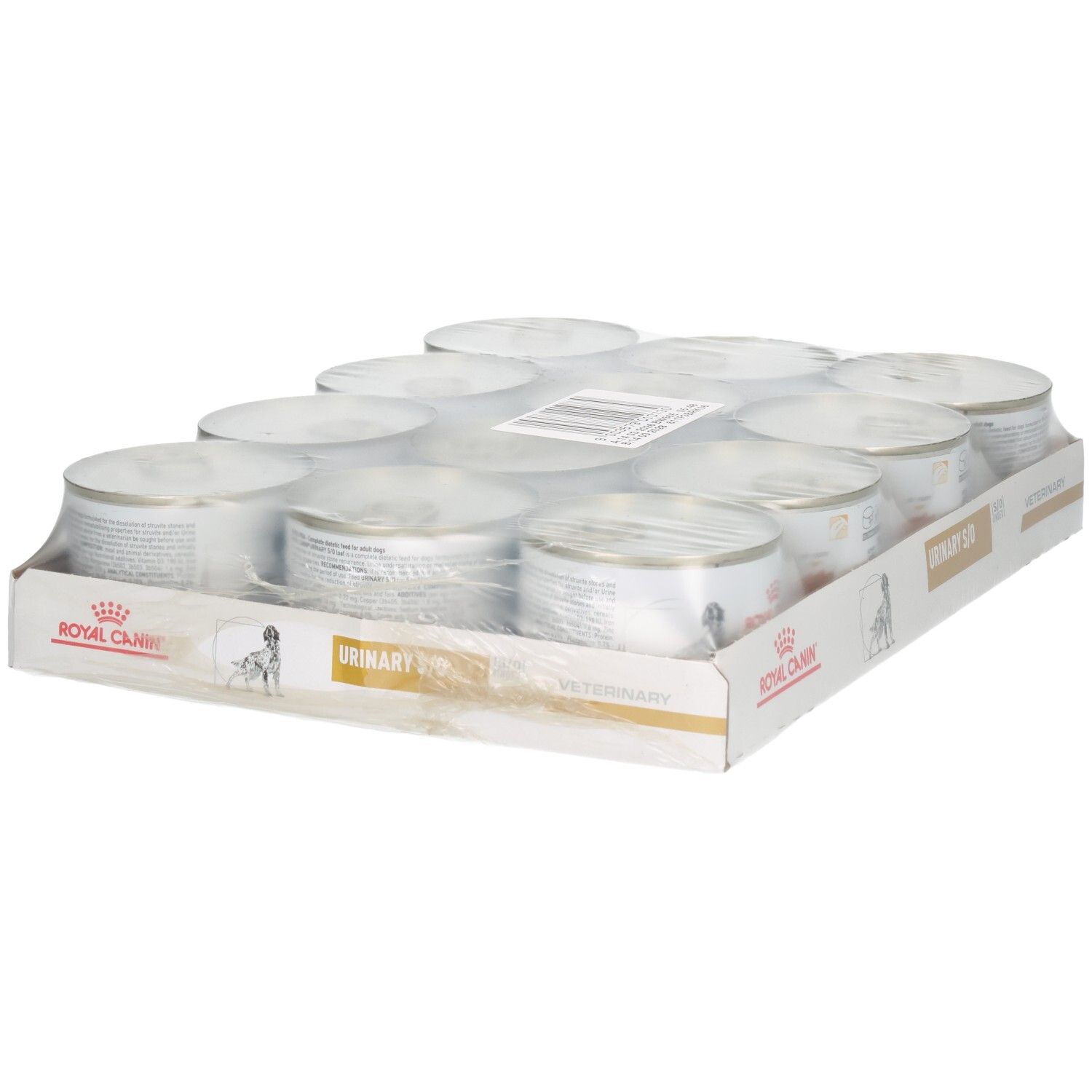 Zwölf Dosen Royal Canin Veterinary Urinary S/O Mousse im Karton.