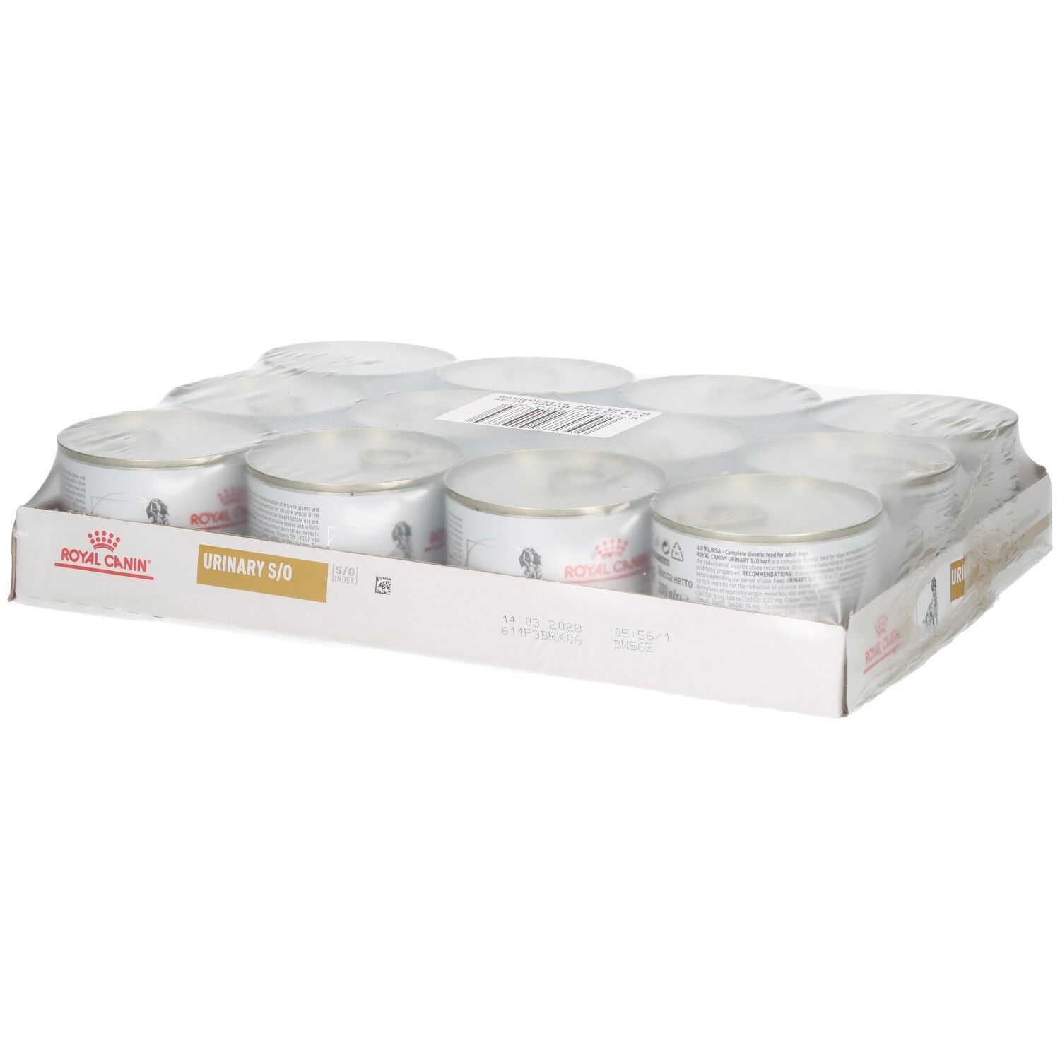 Zwölf Dosen Royal Canin Veterinary Urinary S/O Mousse im Karton.