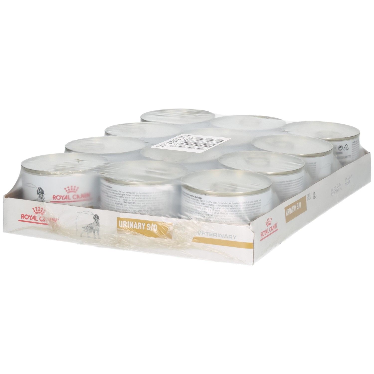 Zwölf Dosen Royal Canin Veterinary Urinary S/O Mousse im Karton.