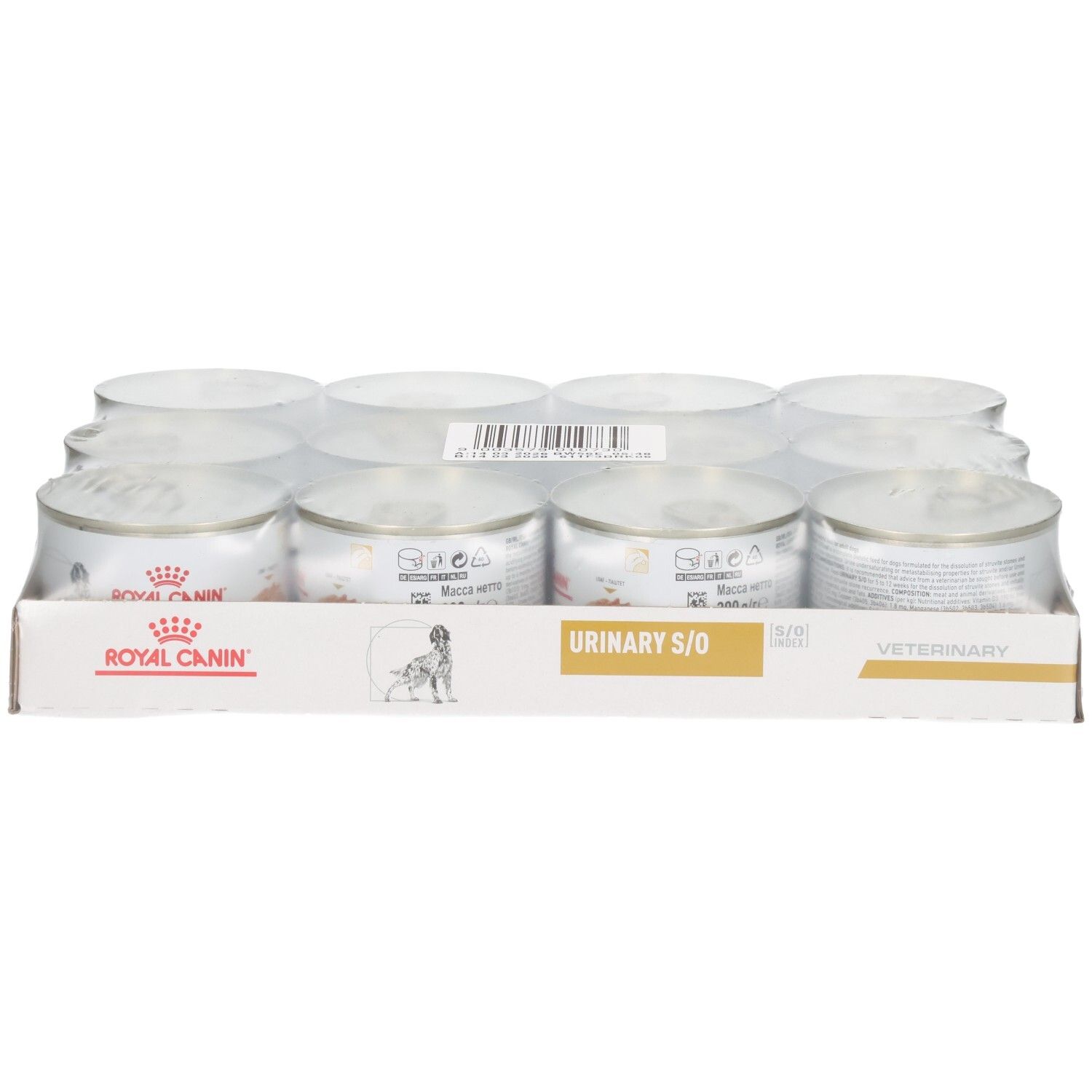 Zwölf Dosen Royal Canin Veterinary Urinary S/O Mousse im Karton.