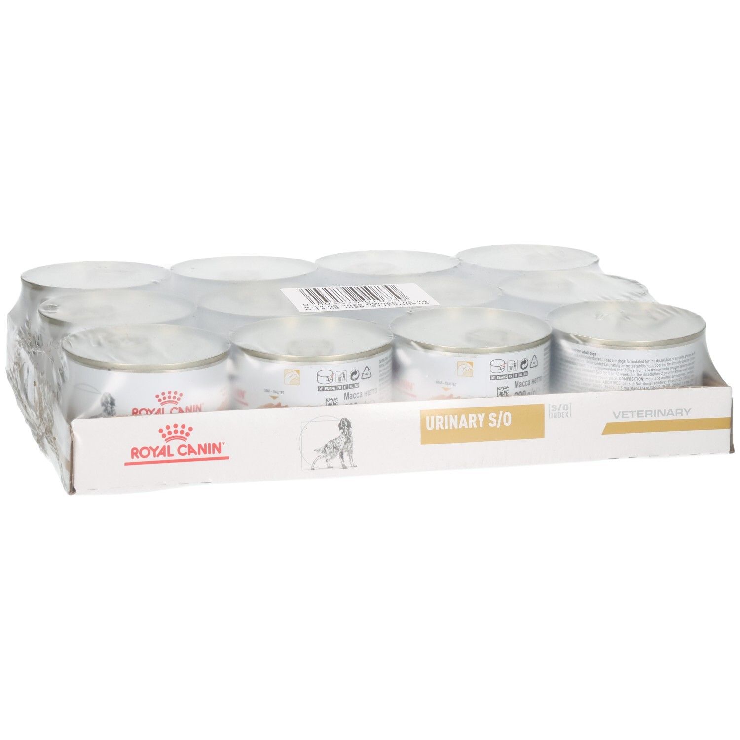 Zwölf Dosen Royal Canin Veterinary Urinary S/O Mousse im Karton.