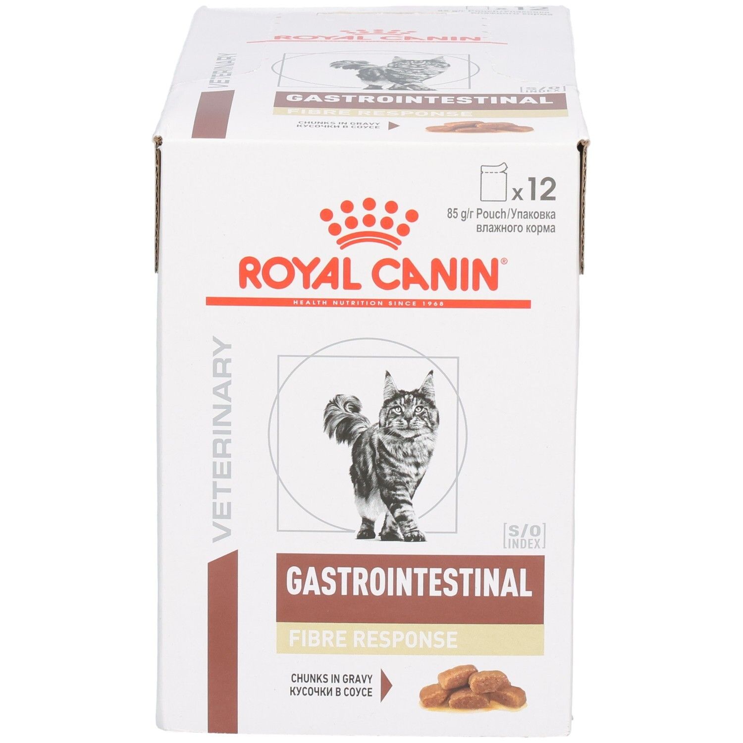 Ein Karton mit Royal Canin Veterinary Gastrointestinal Fibre Response für Katzen.