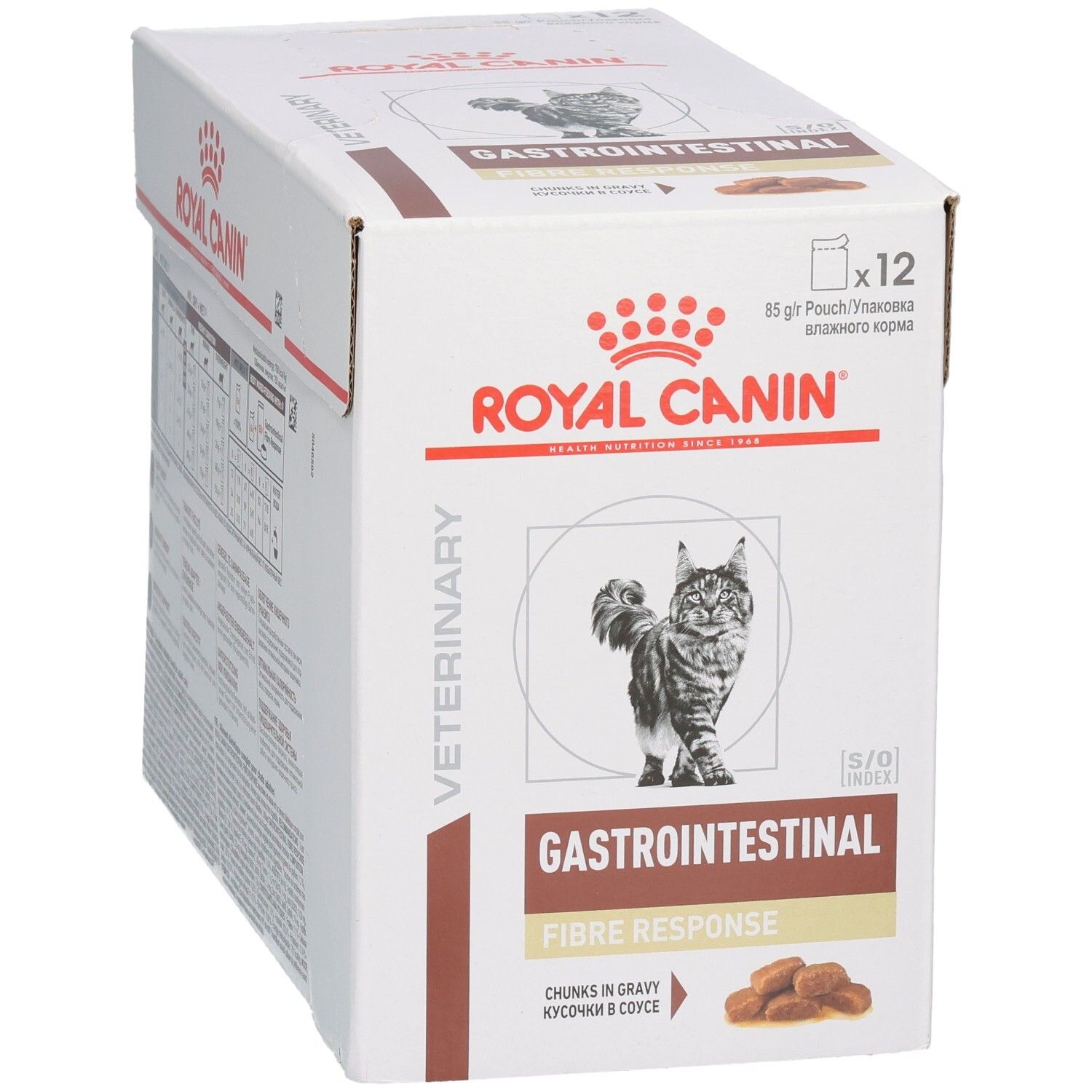 Eine geöffnete Pappschachtel mit Royal Canin Veterinary Gastrointestinal Tiernahrung.