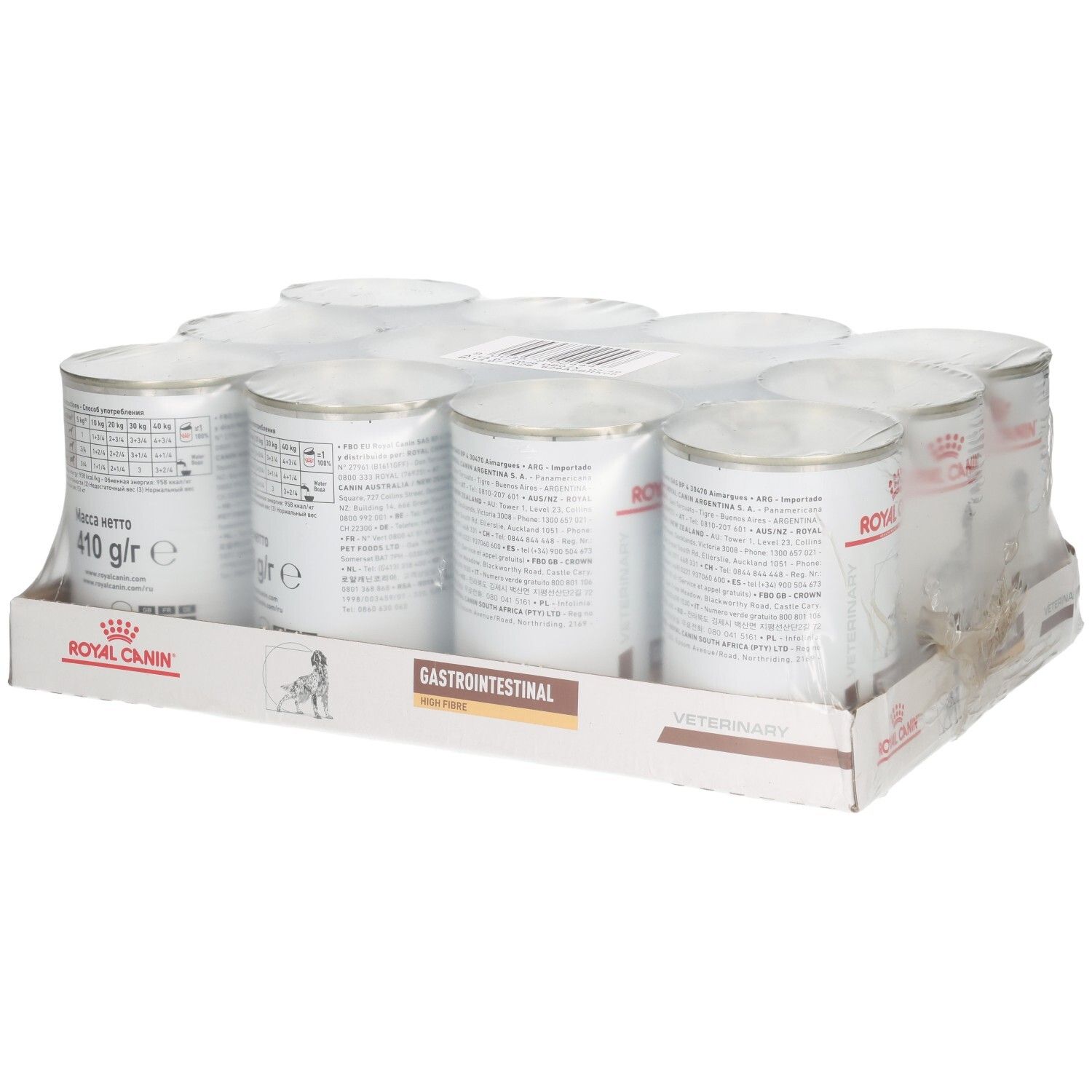 Zwölf Dosen Royal Canin Veterinary Diät Gastrointestinal Hundefutter, je 410g.