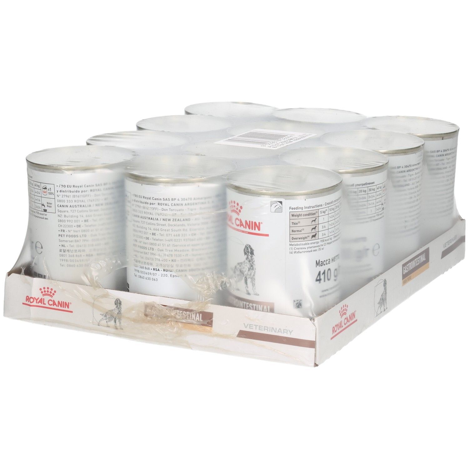 Zwölf Dosen Royal Canin Veterinary Diät Gastrointestinal Hundefutter, je 410g.