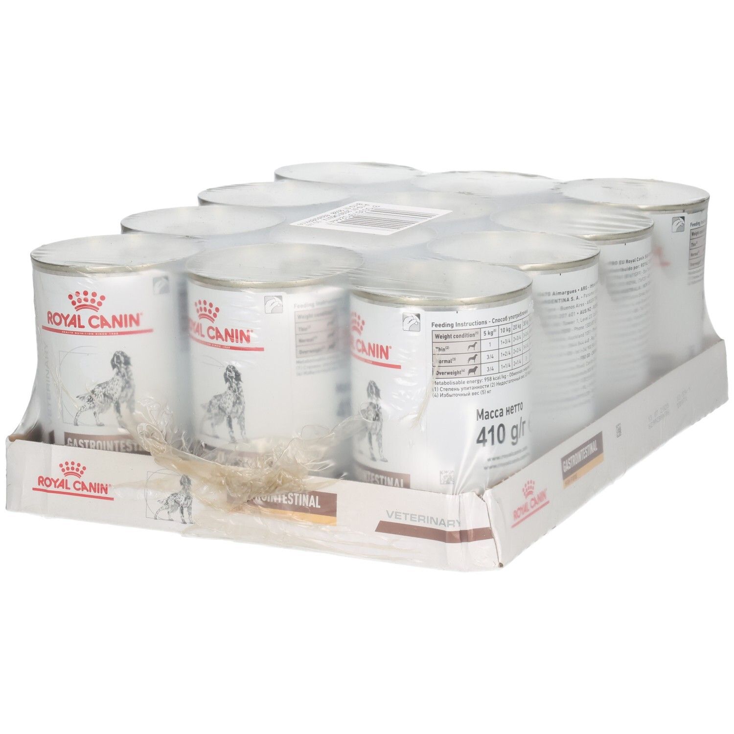 Zwölf Dosen Royal Canin Veterinary Diät Gastrointestinal Hundefutter.