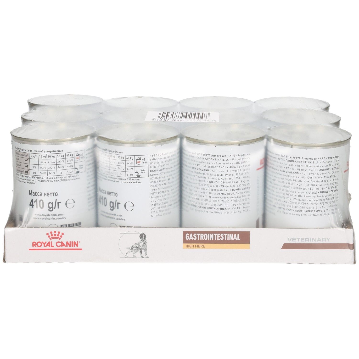 Zwölf Dosen Royal Canin Veterinary Diät Gastrointestinal Hundefutter, je 410g.