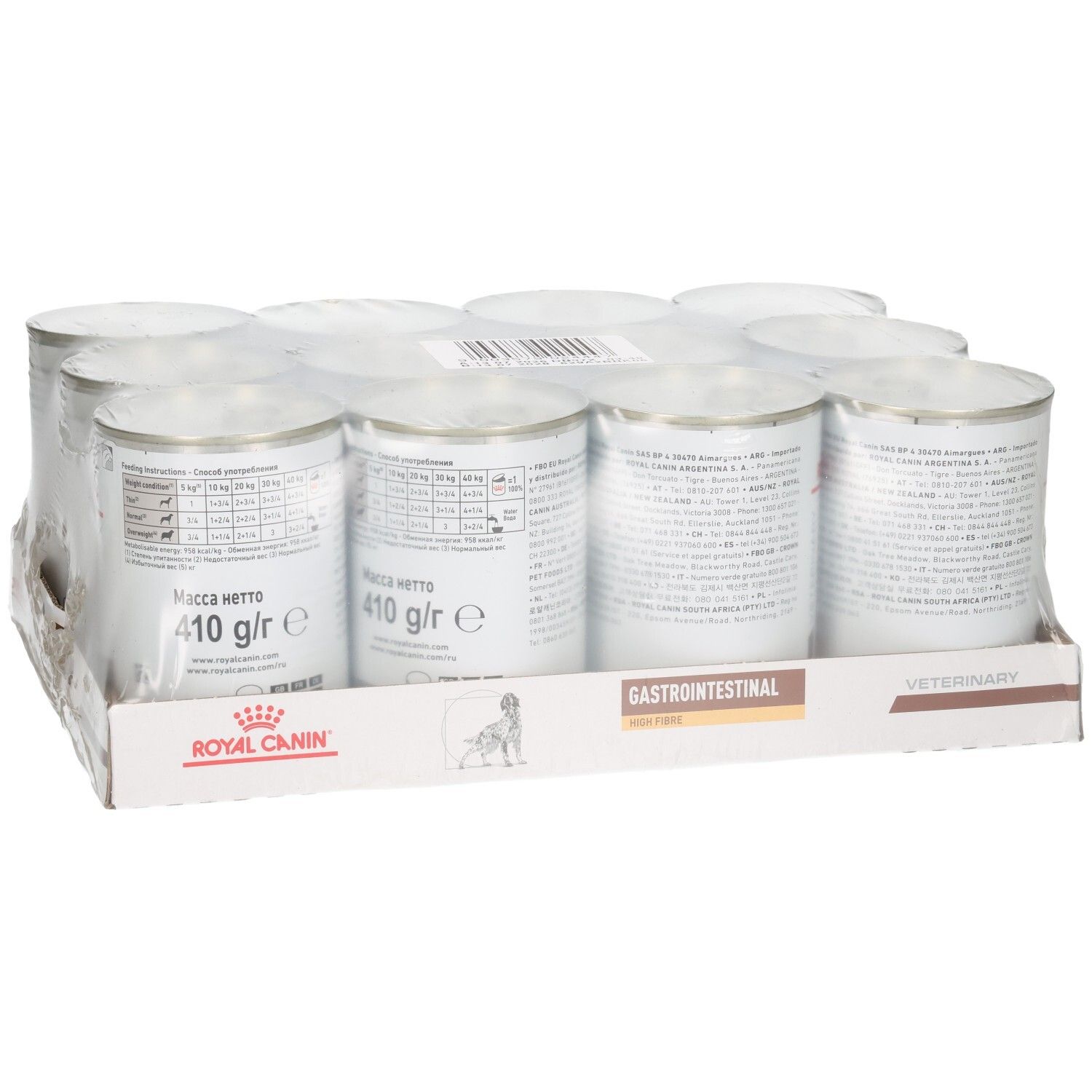 Zwölf Dosen Royal Canin Veterinary Diät Gastrointestinal Hundefutter, je 410g.