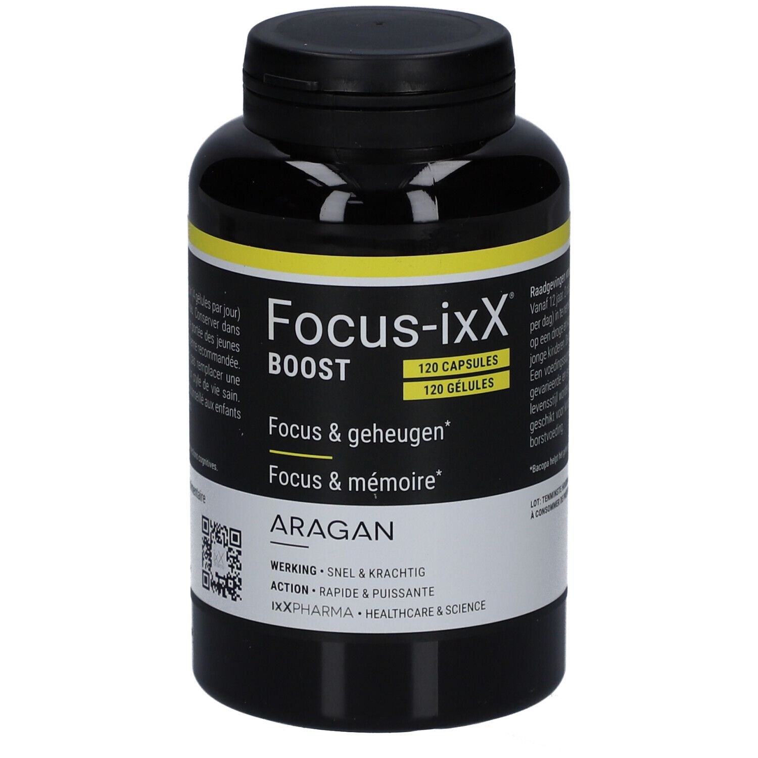 Schwarze Flasche mit gelbem Etikett. Enthält Kapseln. Aufschrift: Focus-ixX Boost, 120 Kapseln. Marke: ARAGAN.