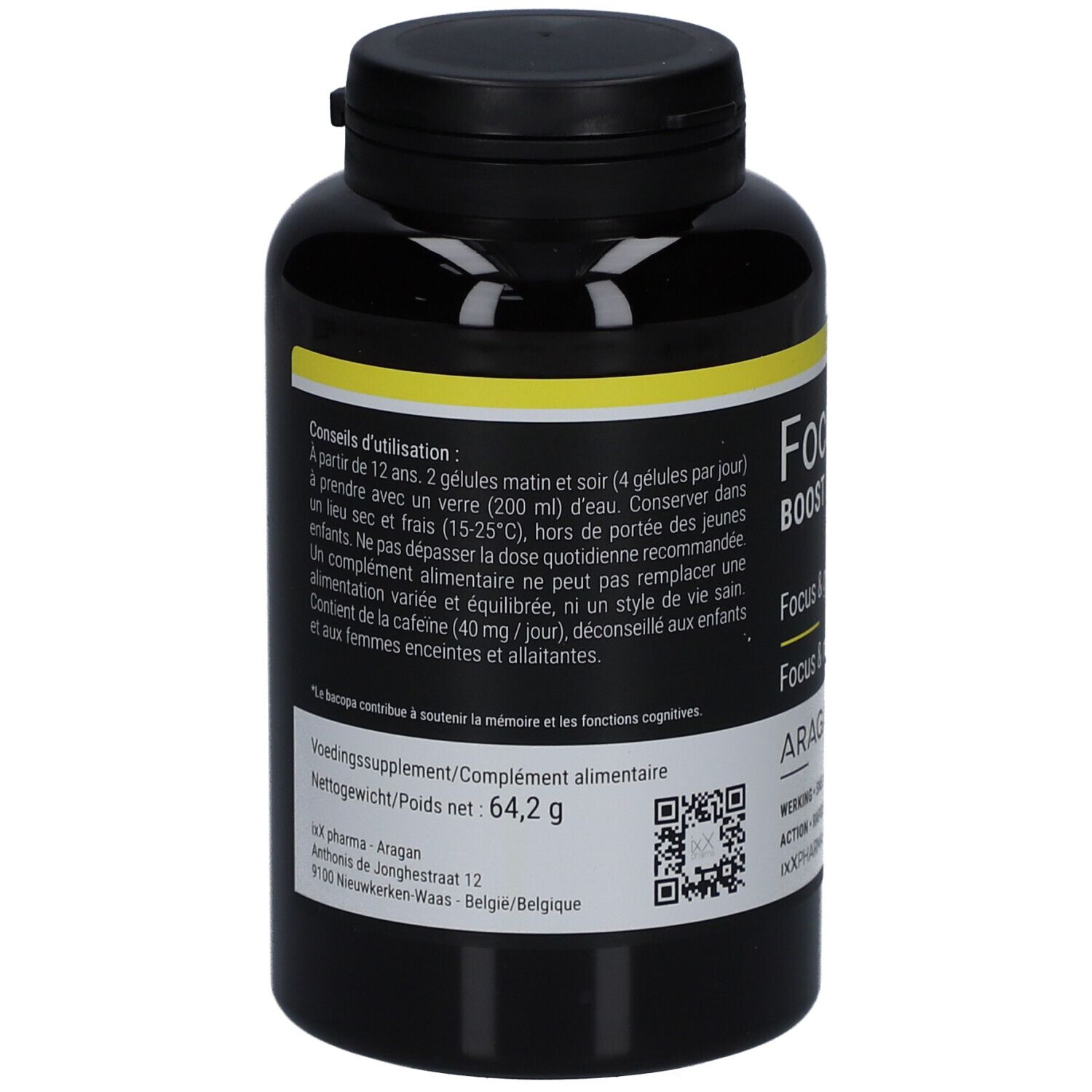 Rückseite der schwarzen Flasche mit gelbem Etikett. Text: Anwendungshinweise, Nährwertangaben, Gewicht 64,2 g. Marke: IXX pharma.