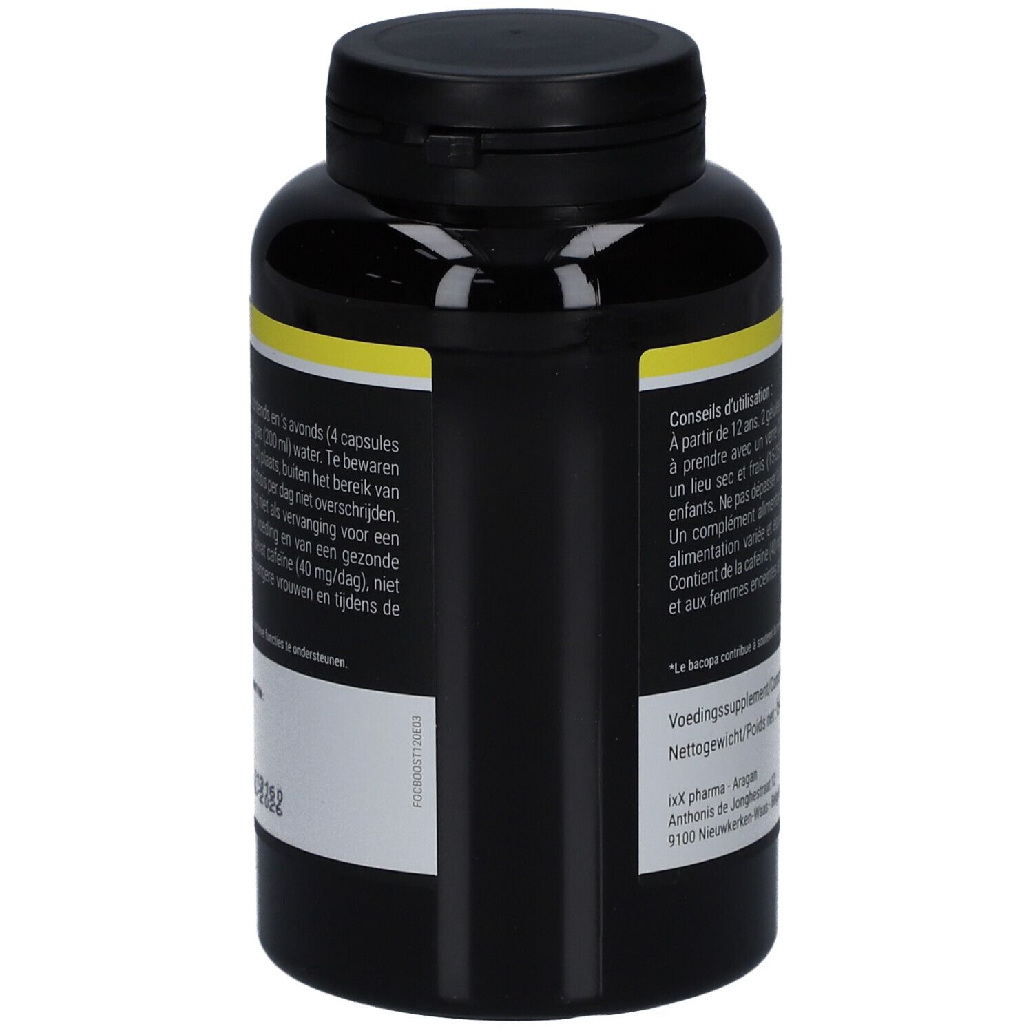 Rückseite der schwarzen Flasche mit gelbem Etikett. Text: Anwendungshinweise, Nährwertangaben, Gewicht 64,2 g. Marke: IXX pharma.