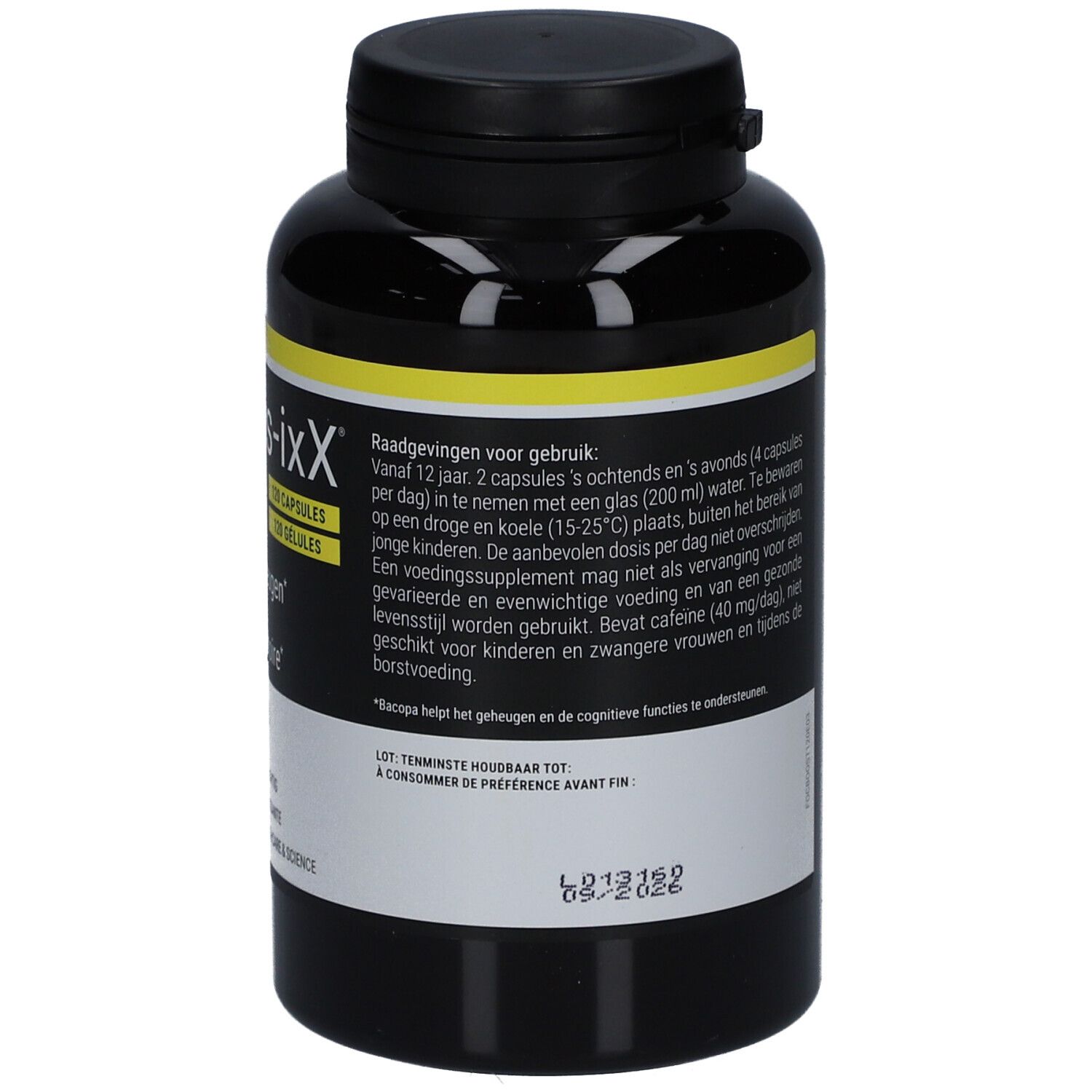 Schwarze Flasche mit gelbem Etikett. Text: Anwendungshinweise. Marke: Focus-ixX Boost, 120 Kapseln. Marke: ARAGAN.