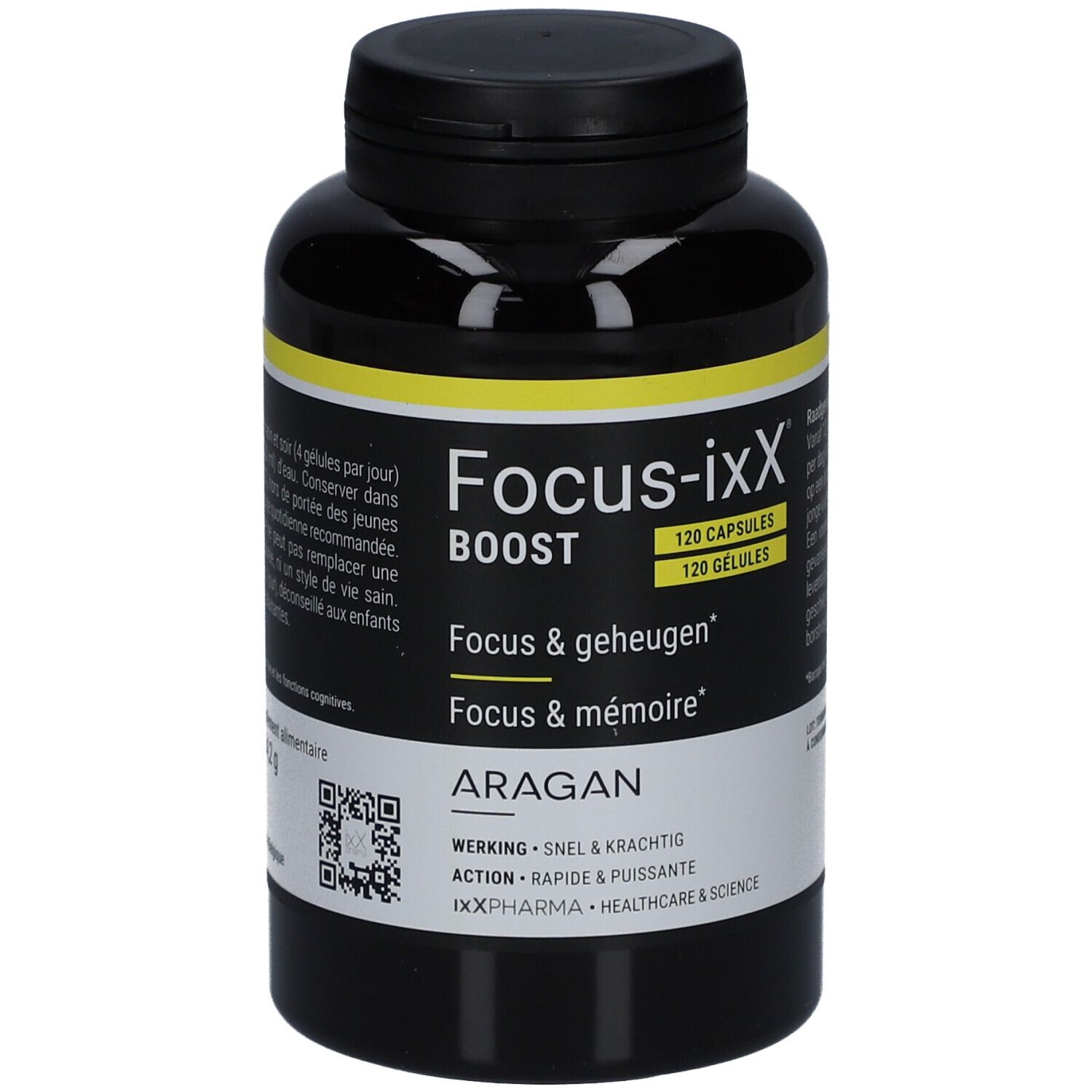 Schwarze Flasche mit gelbem Etikett. Enthält Kapseln. Aufschrift: Focus-ixX Boost, 120 Kapseln. Marke: ARAGAN.