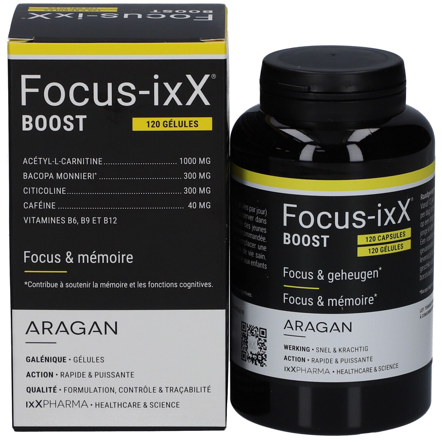 Produktverpackung und Flasche. Verpackung: Focus-ixX Boost, 120 Kapseln. Inhaltsstoffe: Acetyl-L-Carnitin, Bacopa Monnieri, Citicolin, Koffein.