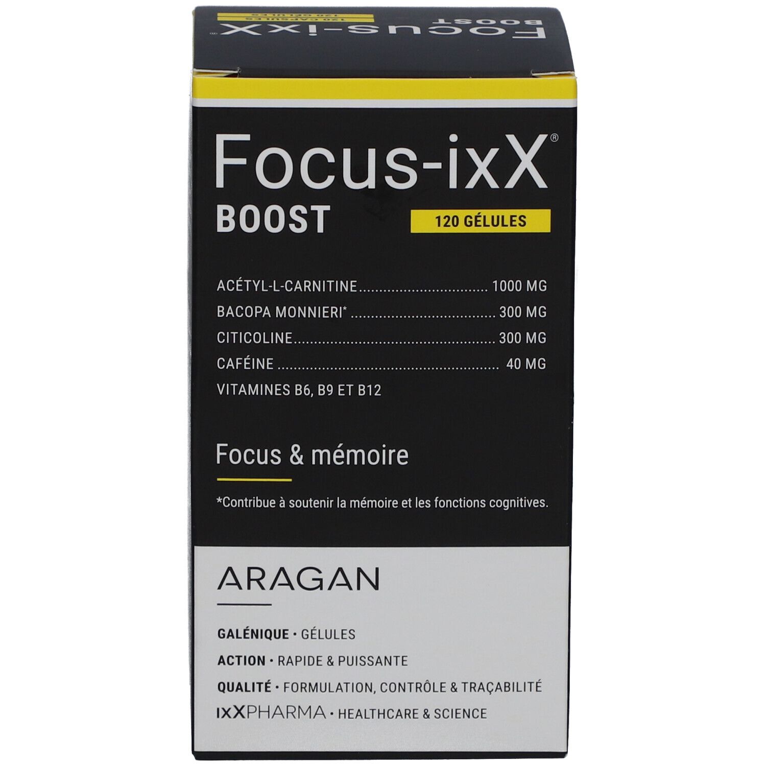 Produktverpackung. Aufschrift: Focus-ixX Boost, 120 Kapseln. Inhaltsstoffe: Acetyl-L-Carnitin, Bacopa Monnieri, Citicolin, Koffein.