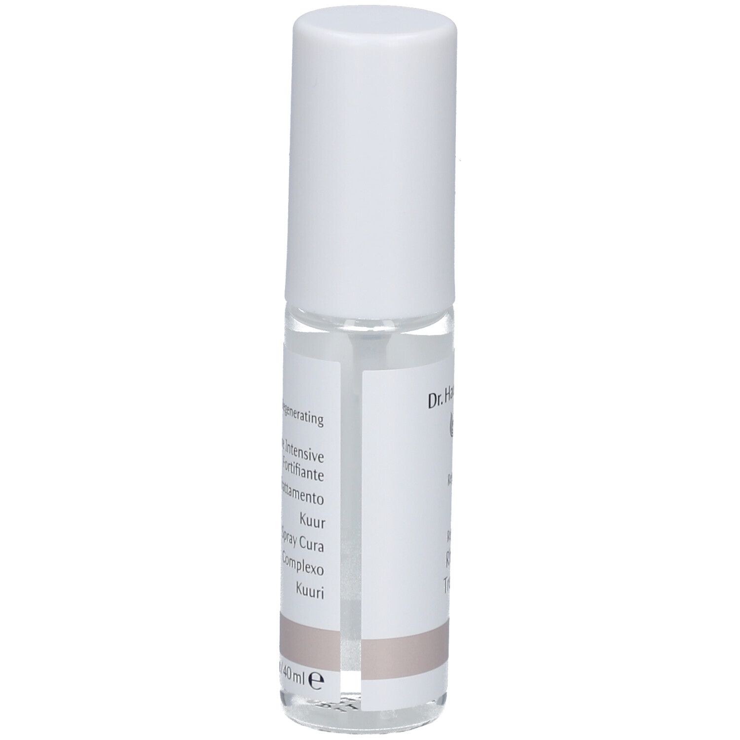 Flacon cylindrique blanc. Étiquette avec nom et logo du produit. Désignations multilingues.