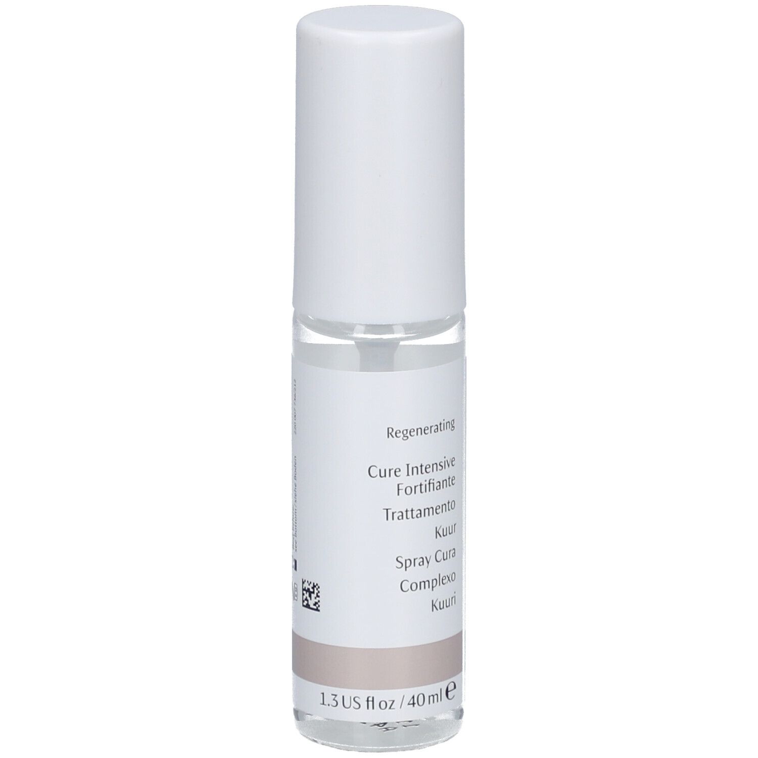 Flacon cylindrique blanc. Étiquette avec nom et logo du produit. Désignations multilingues.