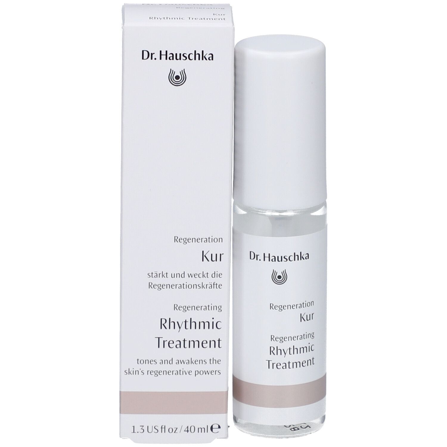 Flacon et emballage. Emballage blanc avec nom et logo du produit. Flacon à côté.