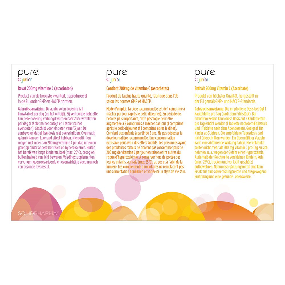 Dos de la boîte pure® C junior. Texte en trois langues. Illustrations colorées.