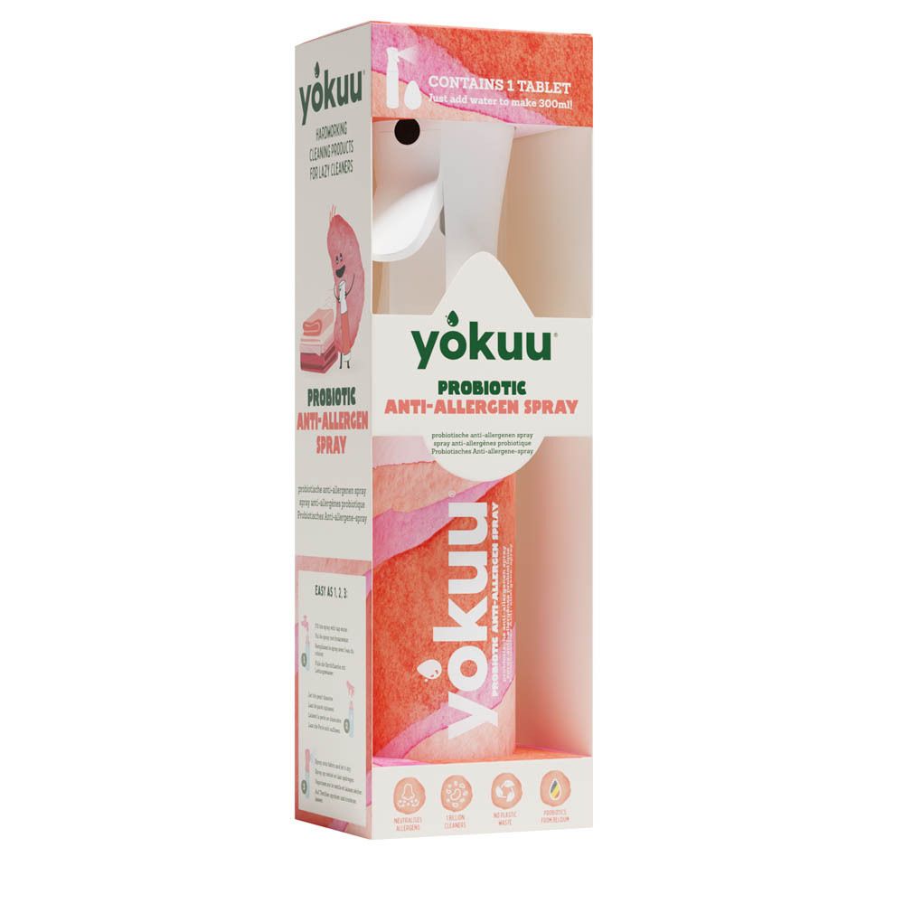 Kit de démarrage YOKUU spray anti-allergie probiotique. Spray et comprimé dans l'emballage. Design rose et blanc, logo.