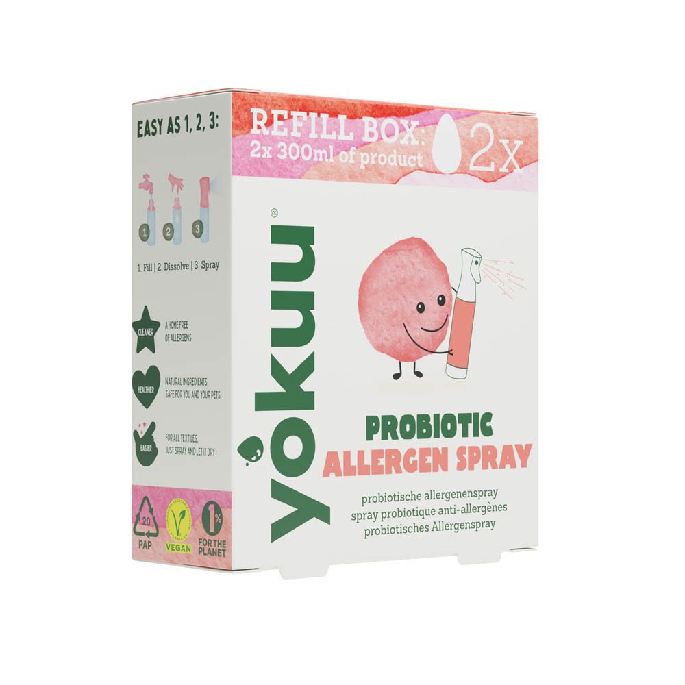 Boîte en carton avec nom et logo du produit. Inscription: Refill Box 2x. Illustration d'un spray et d'un personnage. Texte: Probiotic Allergen Spray.