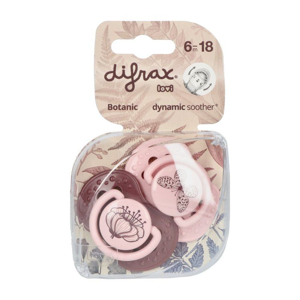 Emballage avec deux sucettes. Marque Difrax, Botanic, Dynamic Soother. Âge 6-18m.