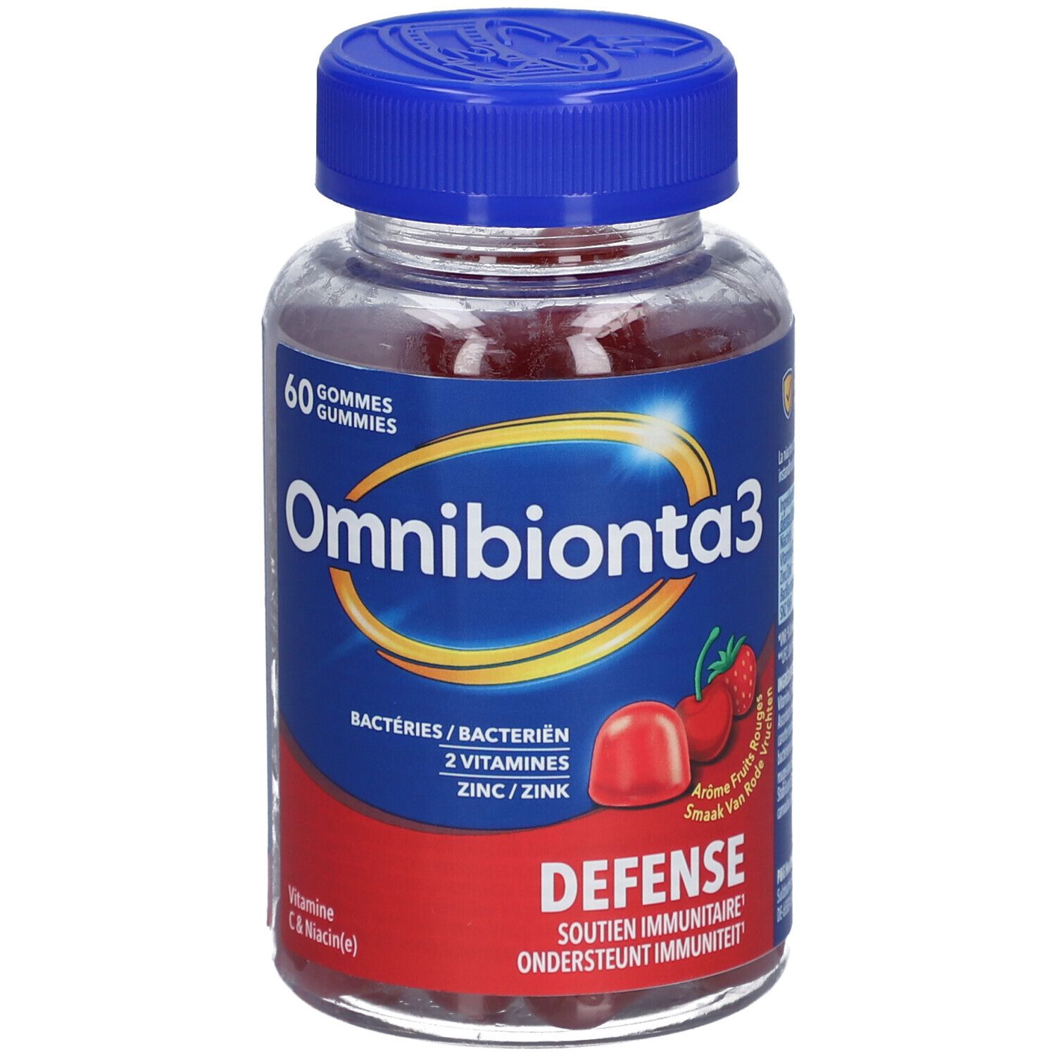 Omnibionta3 Gummies, Flasche mit 60 Gummies. Blaue Kappe, rotes Etikett mit Produktinformationen.