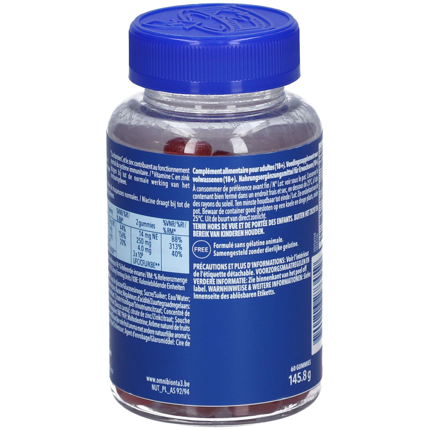Rückseite der Omnibionta3 Gummies Flasche. Enthält Informationen und Nährwertangaben.