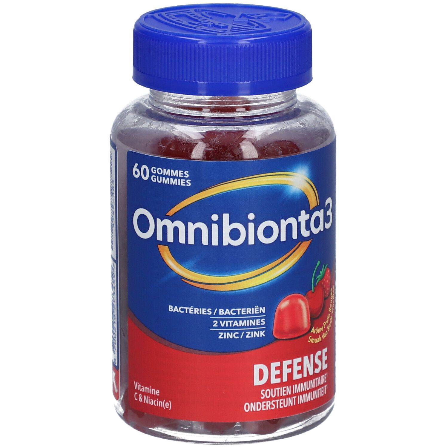 Omnibionta3 Gummies Flasche. 60 Gummies. Rotes Etikett mit Produktinformationen.