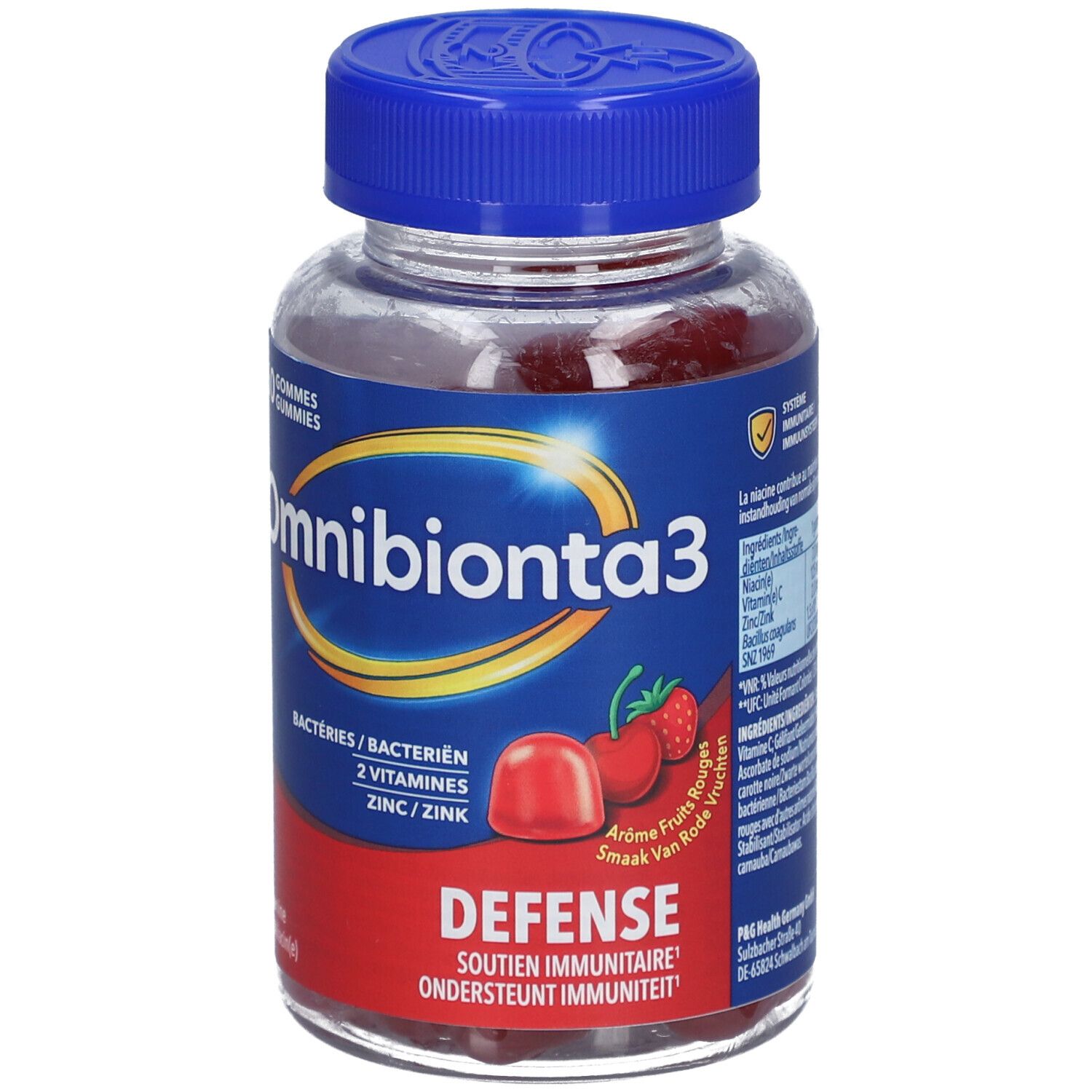 Omnibionta3 Gummies Flasche. 60 Gummies. Rotes Etikett mit Produktinformationen.