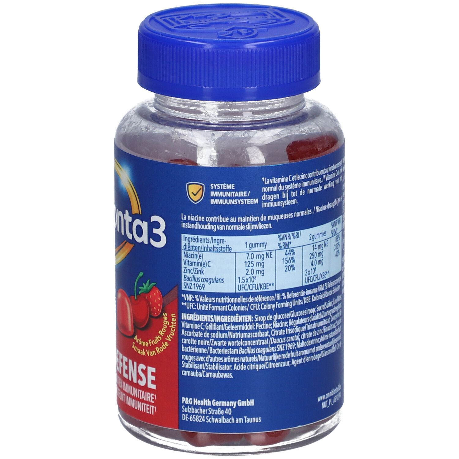 Rückseite der Omnibionta3 Gummies Flasche. Nährwertangaben und Inhaltsstoffe.