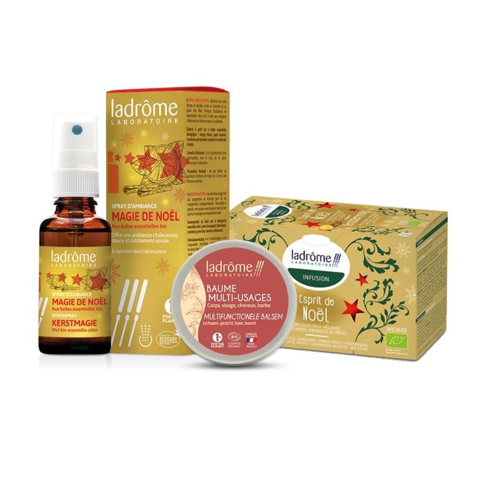 Plusieurs produits: spray d'ambiance, baume, sachets de thé. Inscriptions: Ladrome, Magie de Noël, Kerstmagie, Multi-usages, Esprit de Noël.