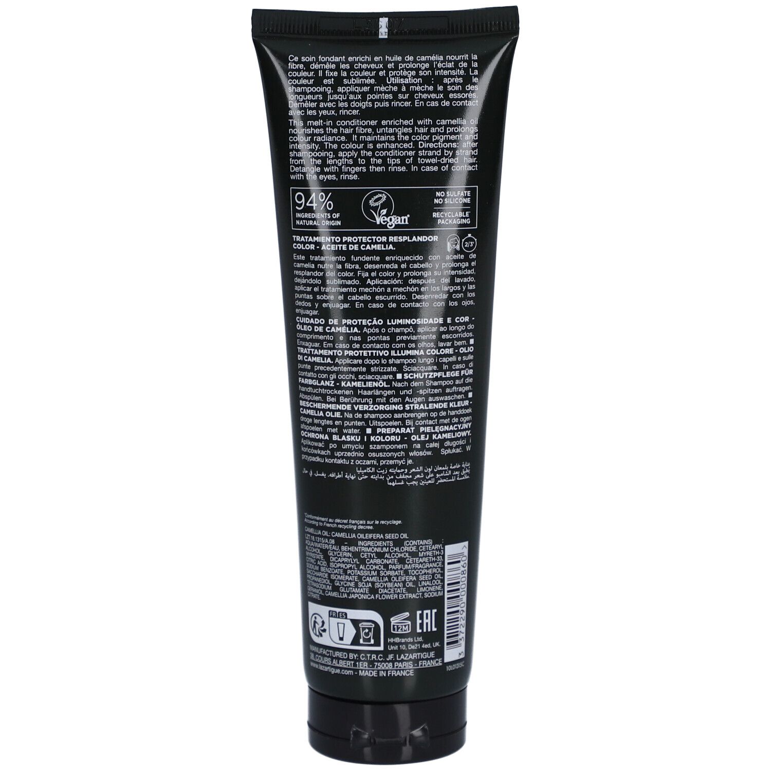 Rückseite der schwarzen Tube. Text in mehreren Sprachen. Vegan-Siegel. Inhaltsangaben.