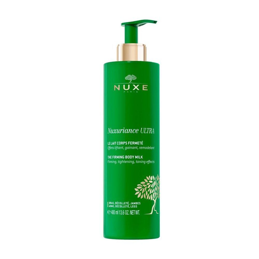 Flacon vert Nuxuriance Ultra Lait Corps Fermeté avec pompe. Anneau doré sur la pompe.