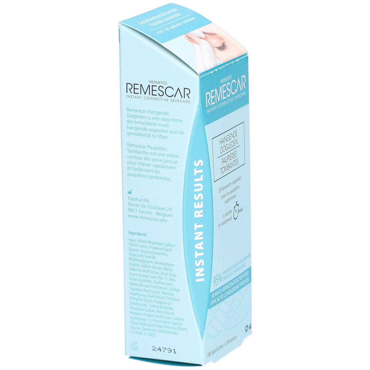 Remescar-Verpackung. Blaue Schachtel mit Produktinformationen und Inhaltsstoffen. Seitenansicht.