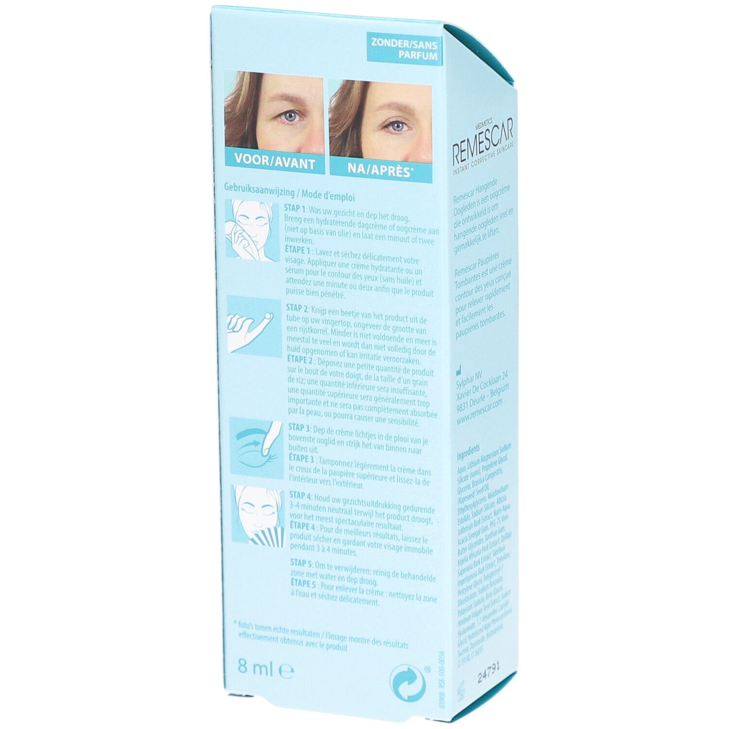 Rückseite der Remescar-Verpackung. Anwendungsanleitung mit Bildern. Vorher/Nachher-Vergleich.