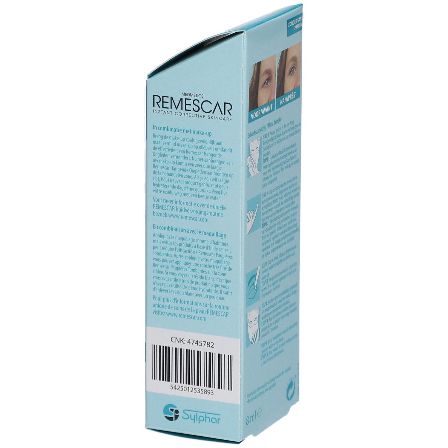 Remescar-Verpackung. Blaue Schachtel mit Produktinformationen und Barcode. Enthält 8 ml.