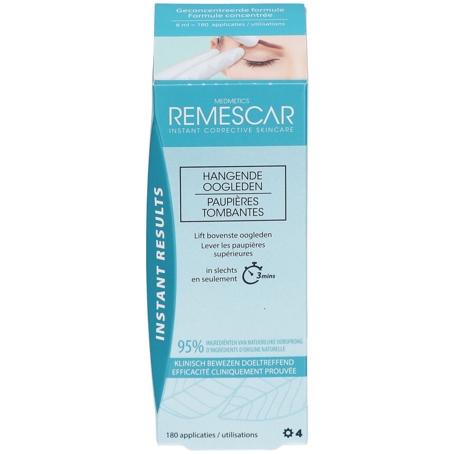 Remescar-Verpackung. Blaue Schachtel mit Produktnamen und Beschreibung. Enthält 180 Anwendungen.
