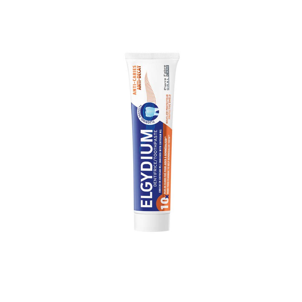 Tube de dentifrice ELGYDIUM. Blanc, bleu et orange. Nom et informations du produit.