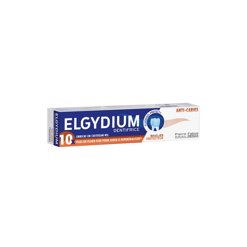 Tube de dentifrice ELGYDIUM. Blanc, bleu et orange. Nom et informations du produit.