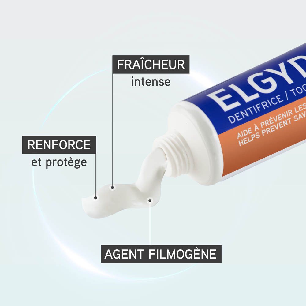Tube de dentifrice ELGYDIUM. Blanc, bleu et orange. Nom et informations du produit.