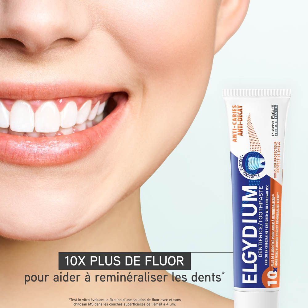 Tube de dentifrice, extrusion blanche. Inscriptions : fraîcheur, protection, agent filmogène.