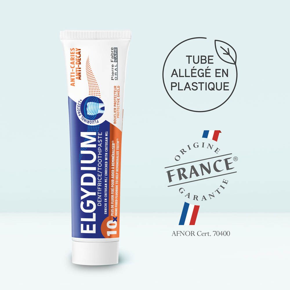Tube de dentifrice avec texte et illustrations. Souligné : anti-caries, nouvelle formule, fraîcheur.