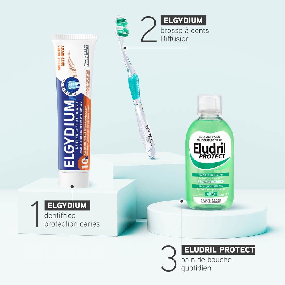 Tube de dentifrice à côté de dents. Texte : 10x plus de fluor. Femme souriante.