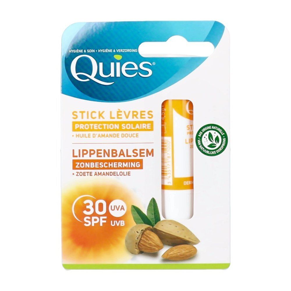 Stick lèvres et emballage. Inscription du nom et SPF30. Illustration d'amandes.
