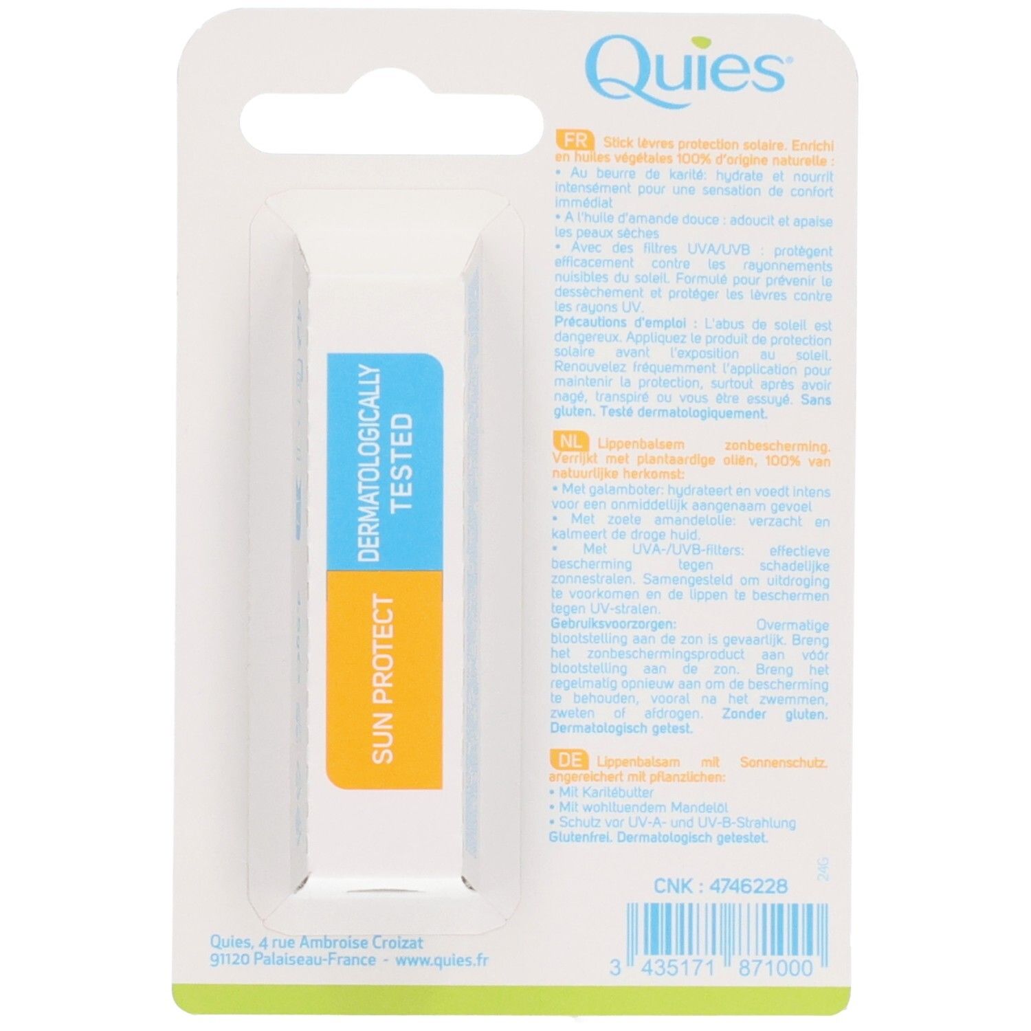 Rückseite der Verpackung. Text: Dermatologisch getestet, Sun Protect. Barcode und Produktinformationen.